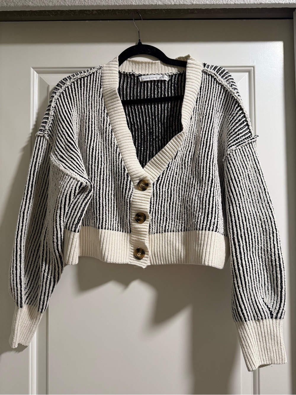Altar'd State Black & Cream Striped V‑Neck Button Cardigan